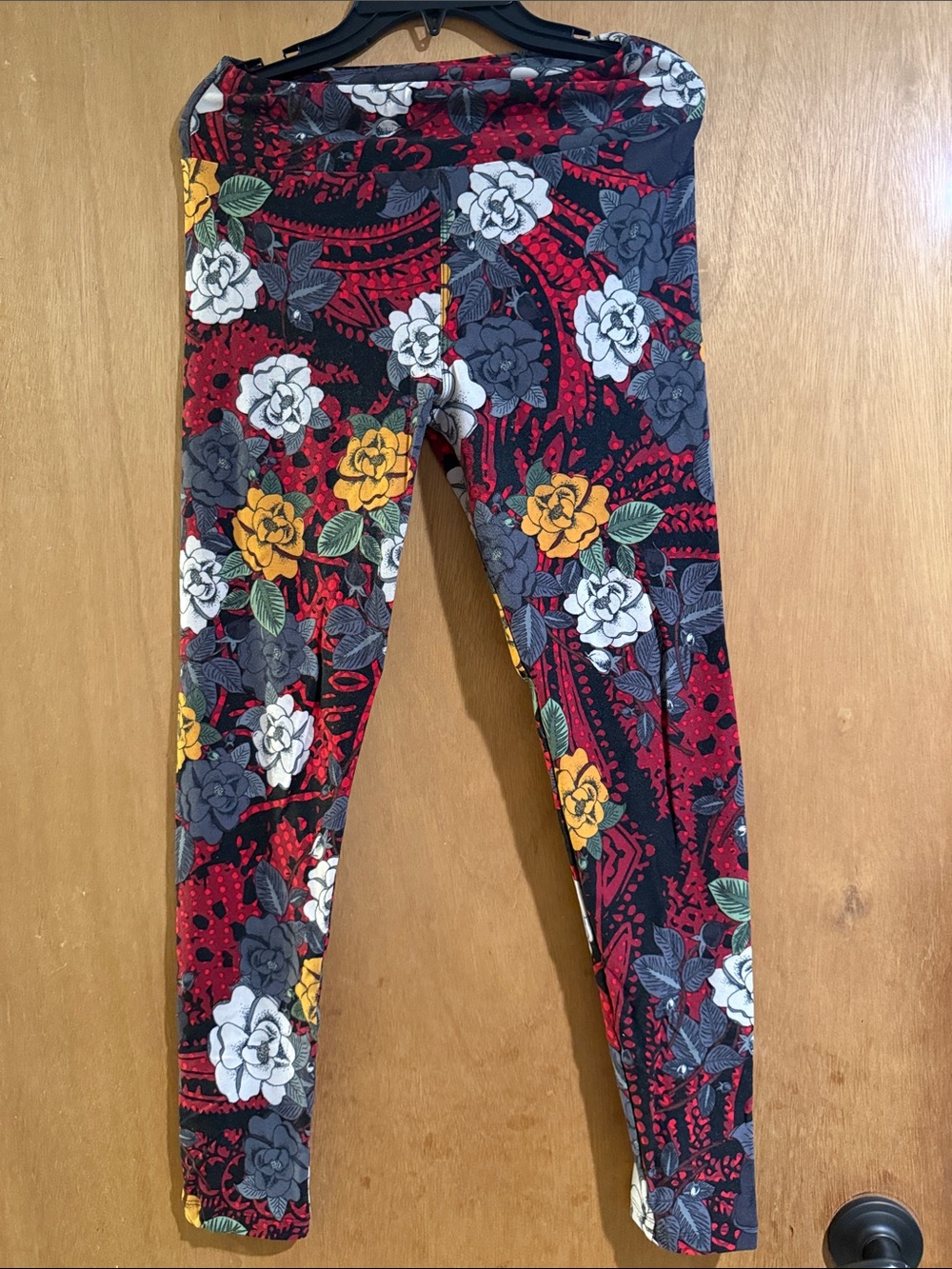 LuLaRoe Red Floral Leggings with Yellow & White Roses